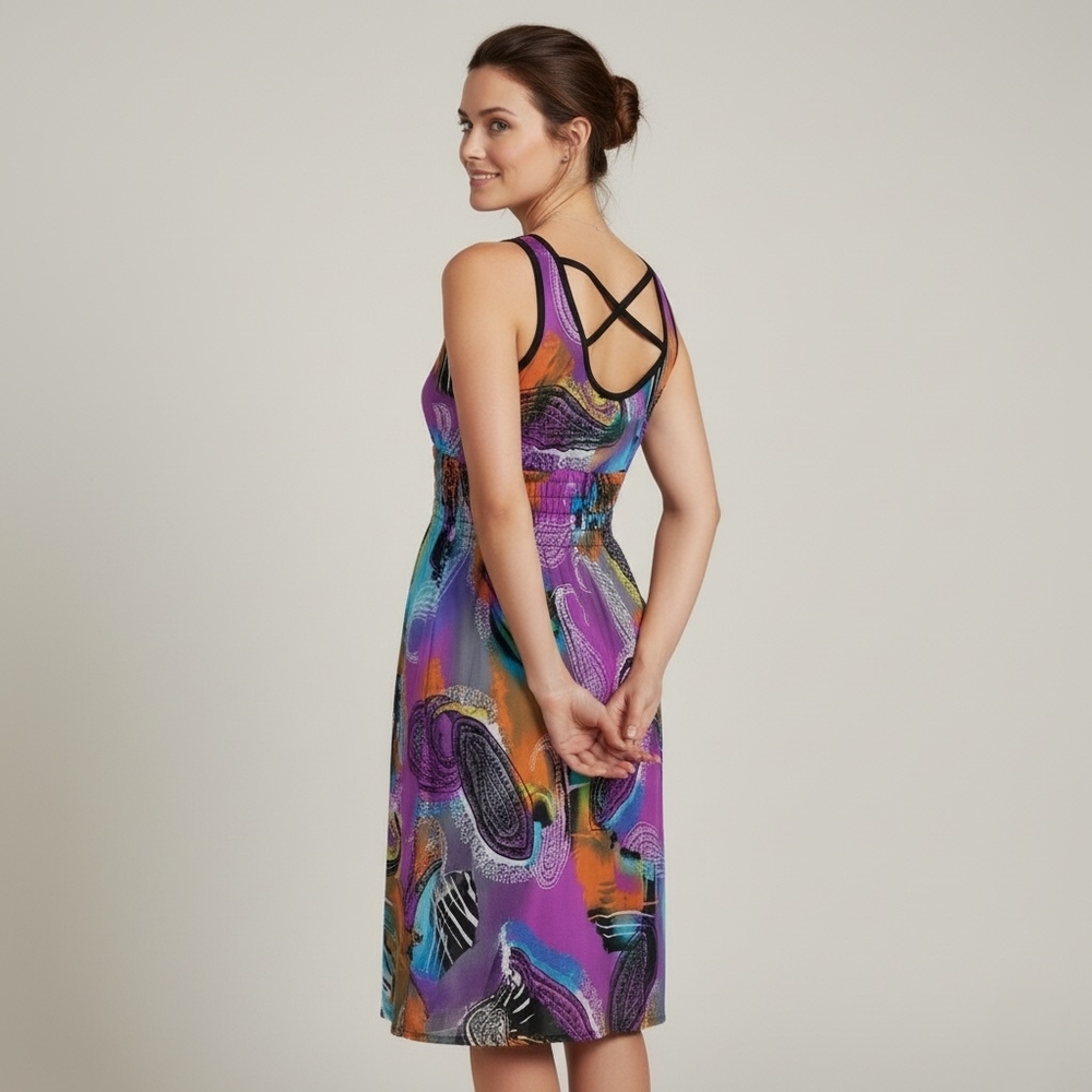 Vibrant Abstract Paisley Criss-Cross Back Midi Dress - Picture 2 of 7